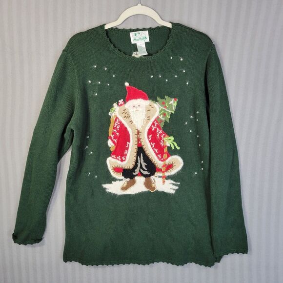 vintage quacker factory womens christmas sweater medium green with santa claus - Picture 1 of 9